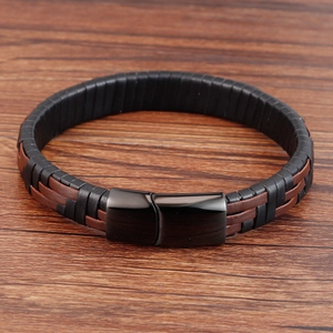 Bracelet pour homme en cuir tressé noir et marron 316L avec fermoir magnétique noir