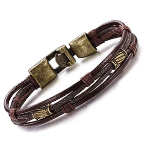 Braided brown leather bracelet for men with antique bronze metal clasp on white background