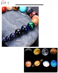 Solar system bracelet with natural stones on raw mineral stone, detailed planetary beads