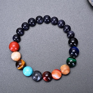 Close-up of solar system planet beads including blue sand stone and tiger eye stones