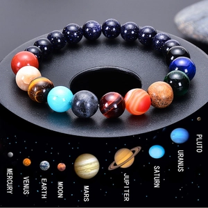 Solar System Eight Planets Bracelet Natural Tiger Eye Blue Sandstone Agate Universe Galaxy Theme Unisex Handmade Jewelry
