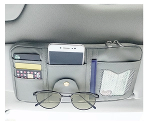 Detailed view of grey PU leather sun visor organizer with card slots and sunglass holder