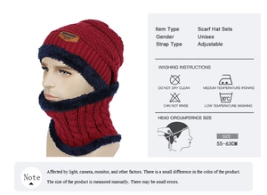 Winter fleece knitted beanie and scarf set with head circumference 55-63cm size guide
