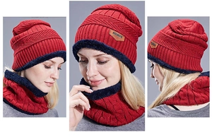 Detail view of red winter knitted beanie and neck gaiter set with fleece lining