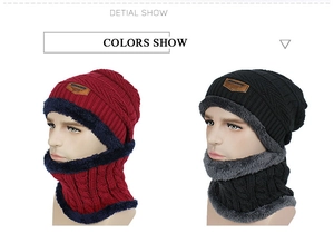 Close-up of thick knitted beanie and scarf set with fleece lining and leather patches