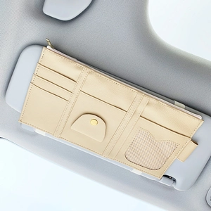 Detail view of beige PU leather car sun visor organizer with card slots and zipper pocket