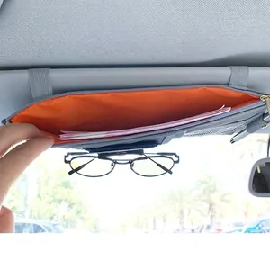 Grey PU leather car sun visor organizer with orange lining and zipper pocket