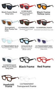 Matrix showing 14 pairs of thick square frame sunglasses in various colors and lenses