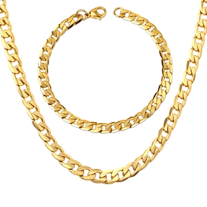 Men's hip hop gold Cuban chain necklace and bracelet set in polished stainless steel