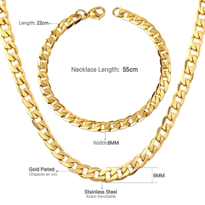 6mm gold-plated stainless steel Cuban link chain set with 55cm necklace and 22cm bracelet