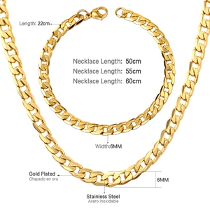 Detail view of 6mm gold-plated stainless steel Cuban link chain necklace and bracelet set