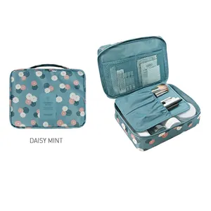 Large daisy mint travel cosmetic bag with multi-layer storage and waterproof interior