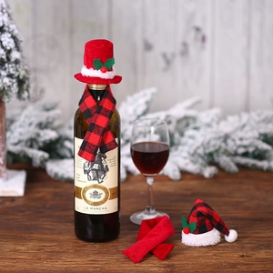Christmas wine bottle decoration set with mini Santa hats and checkered scarves for festive tables