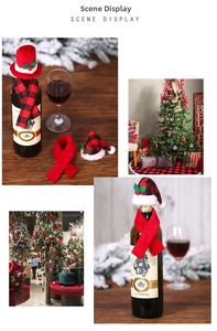 Detail view of red buffalo plaid wine bottle covers with mini scarves and tiny hats