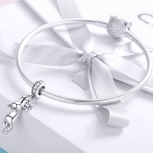 Silver cat pendant charm bracelet with cubic zirconia on a snake chain and gift box