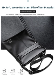 Close-up of black microfiber leather texture on the men's crossbody bag with fine grain