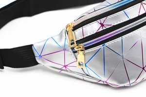 Detail of colorful geometric laser PU fanny pack with golden zippers and layers