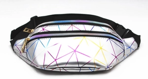 Close-up of laser silver holographic waist bag with three zip pockets and geometric patterns
