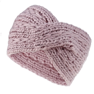 Close-up detail of soft light purple cable knit twist headband with thick yarn texture