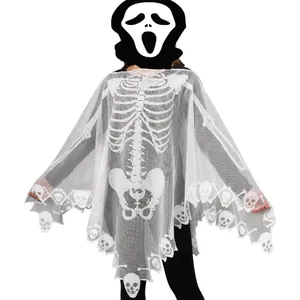 Detailed view of Halloween white mesh cape featuring black skeleton rib and skull prints
