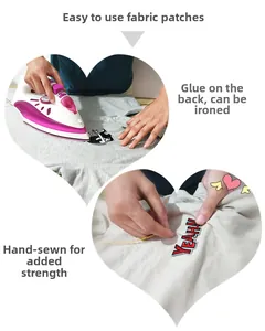 Detail showing self-adhesive daisy embroidery patch with heat-melt glue and hand-sewn backing