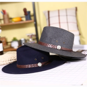 Detail of wool fedora hats with woven leather belts and metal buckle accents