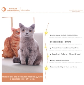 Detailed parameter list for 50cm realistic cat plush pillow featuring soft fabric specifications