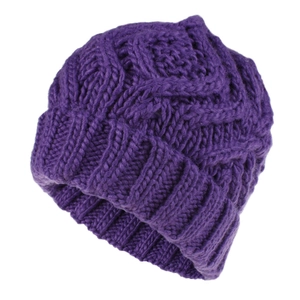 Close-up of deep purple chunky knit beanie showing detailed diamond pattern texture