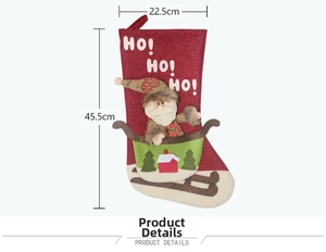 Detailed view of red Christmas stocking with Santa Claus doll and 45.5cm size markings