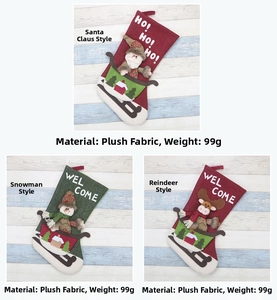 Detailed plush Christmas stockings featuring 3D Santa, Snowman and Reindeer characters