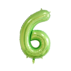 Detail of a 40-inch green foil number 6 balloon with metallic finish for birthday parties