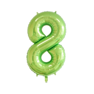 Detailed view of large green number 8 foil balloon for birthday party decorations