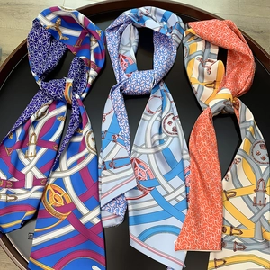 Long Satin Scarf Women Equestrian Horse Bit Print Narrow Ribbon Necktie Satin Feel Hair Band Bag Accessory