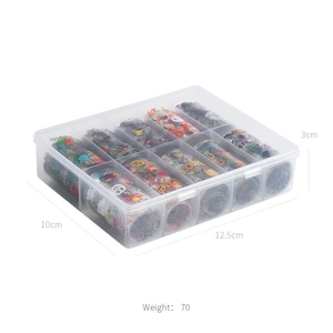 Detail view of 10 rolls nail art stickers in a storage box measuring 12.5x10x3cm