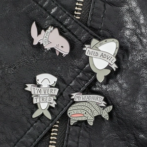 Alloy Enamel Brooches Cartoon Shark Animal Pins Humorous Text Slogan Badges For Clothes Bags Fashion Accessories Unisex