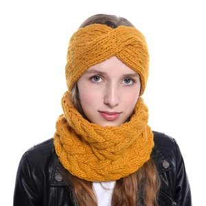 Winter chunky knit mustard yellow headband and neck warmer set for women