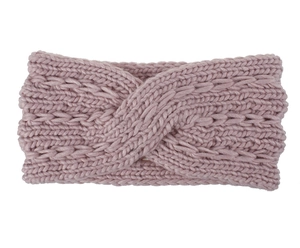 Close-up of pink chunky knit headband featuring a thick twisted knot and cable weave pattern