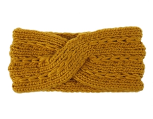 Detail of chunky cable knit headband in mustard yellow with twist knot texture