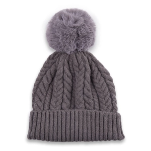 Winter cable knit beanie with large faux fur pompom in dark grey for cold weather