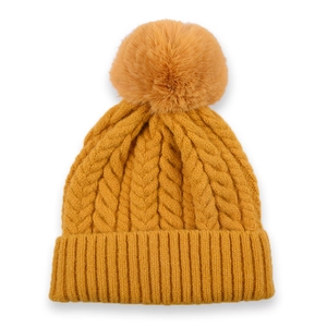 Winter cable knit pom-pom beanie hat in mustard yellow with ribbed cuff design