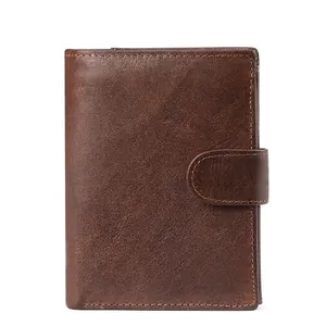 Portafoglio vintage in vera pelle di vacchetta marrone scuro con chiusura di sicurezza