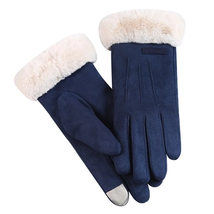 Damen Handschuhe aus blauem Wildlederimitat mit beigem Pelzbesatz und Touchscreen-Funktion