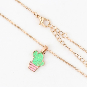 Cartoon cactus necklace with green enamel and gold-plated chain for children
