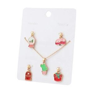 Colorful enamel cartoon cactus and camping pendant set on a white display card