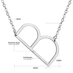 Detail view of silver stainless steel letter B pendant with 45cm chain and dimensions