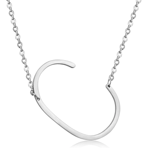 Macro shot of a silver polished stainless steel necklace featuring a large letter C pendant