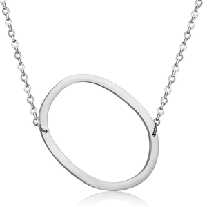 Close-up of a silver hollow oval pendant necklace with an O-chain on white background