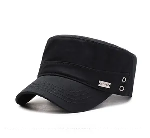 Detail of black cotton flat top military cap with metal eyelets and side logo plate