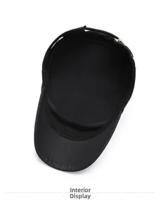 Detail view of cotton flat top military cap interior with reinforced stitching and metal buckle