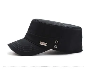 Side view of black cotton cadet hat featuring a metal brand plate and breathable eyelets